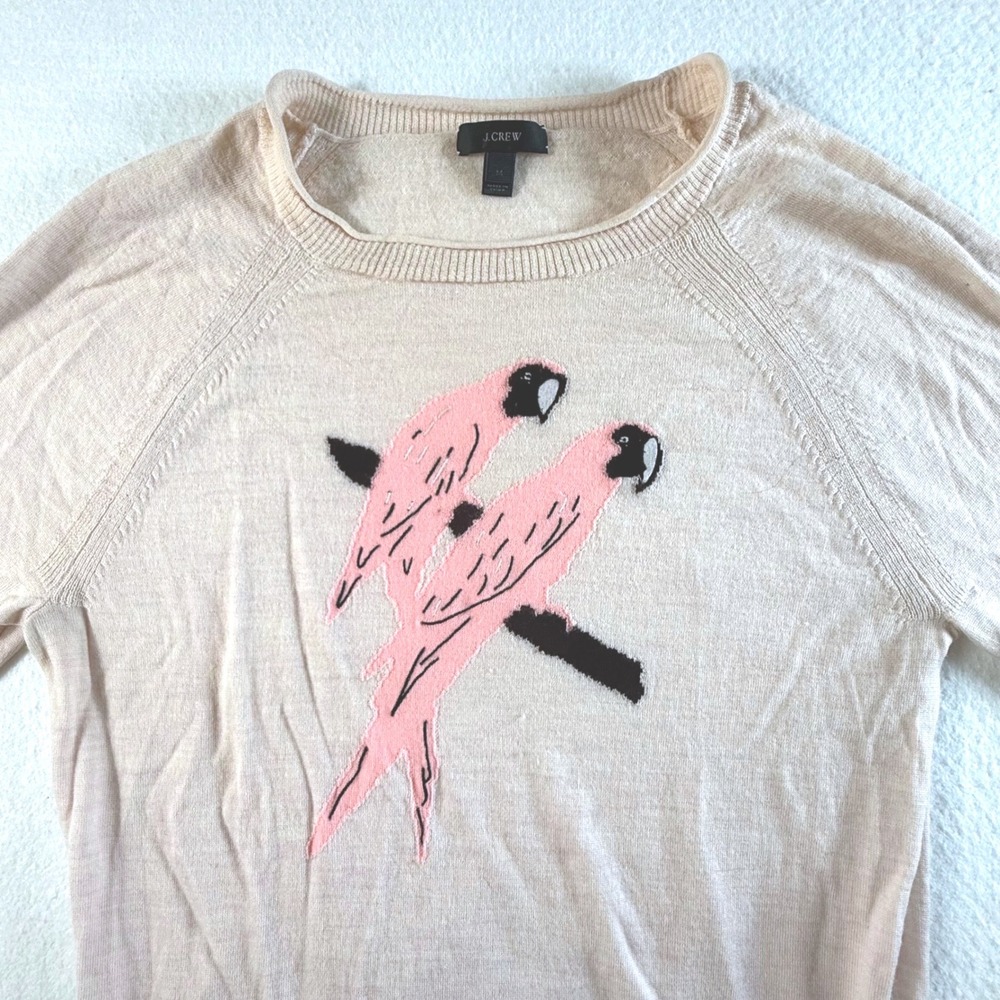 J.Crew Merino Wool Sweater Womens Medium Pink Parrot Intarsia Knit Crewneck